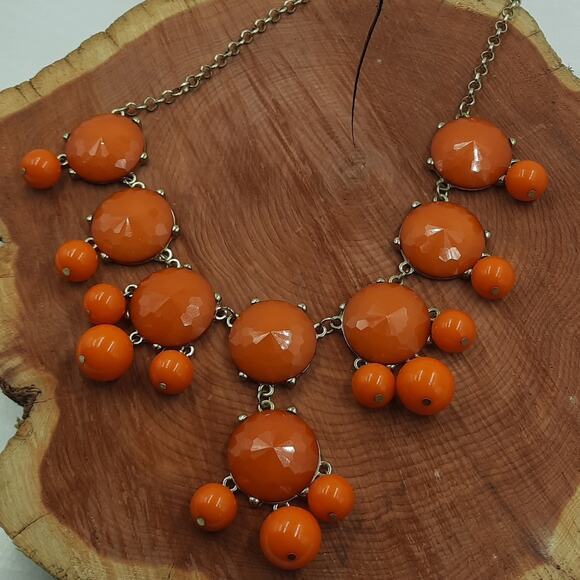 Orange Statement Bib Necklace Cabochons and Beads Gold Tone Chain - Picture 1 of 5